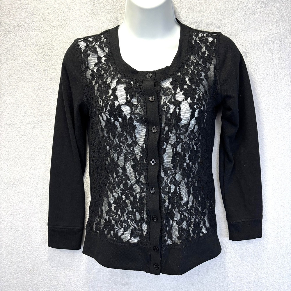 Vintage Y2K Poof Excellence Lace‎ Blouse Top Cardigan Juniors Small Black Sheer